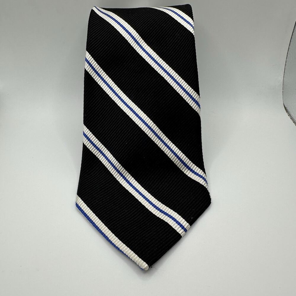 Paul Fredrick Silk Tie Black Blue White Striped 58” 3.5” Italian Silk USA